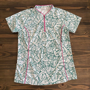 Women Lady Hagen Golf Top XS White Green Leaf Print Pink Zip Performance Summer